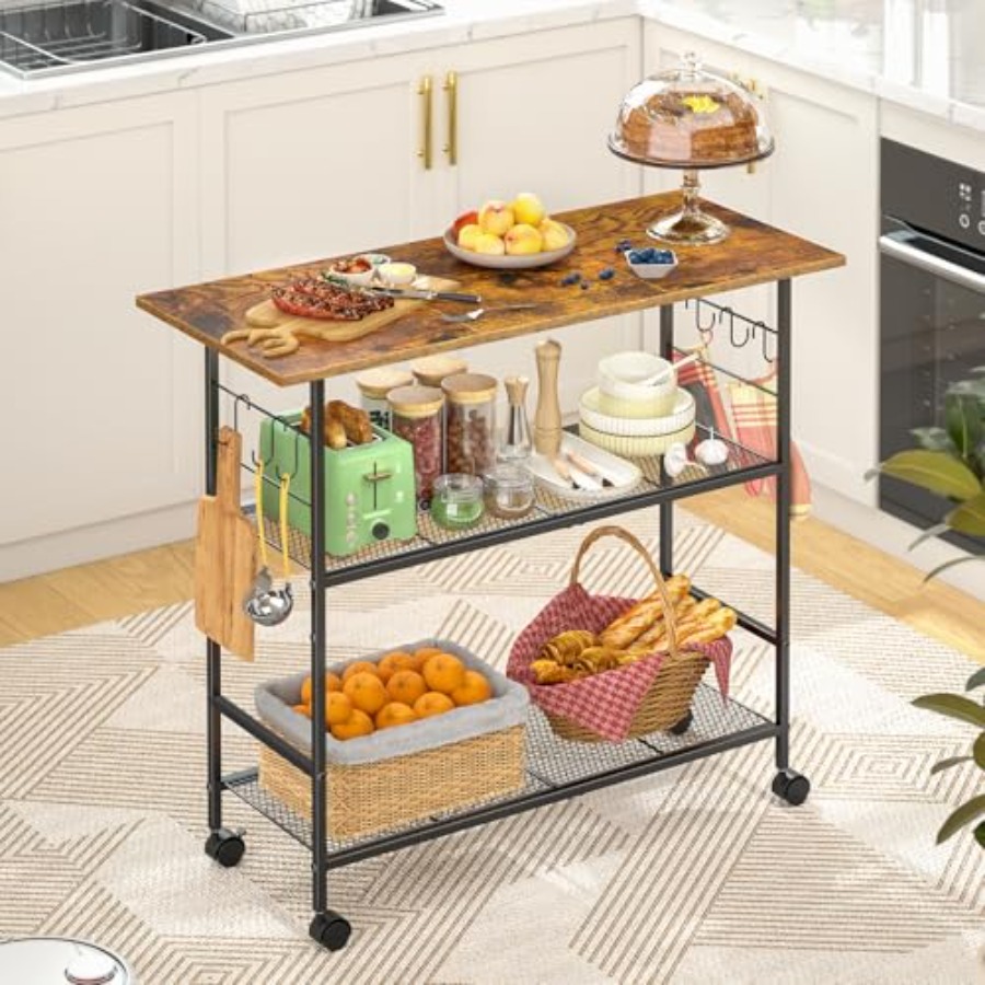 Kitchen Island with 3 Shelves, - Kitchen Baking Island 评论和价格