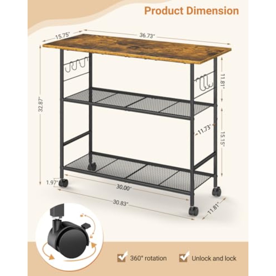 Kitchen Island with 3 Shelves, - Kitchen Baking Island 评论和价格