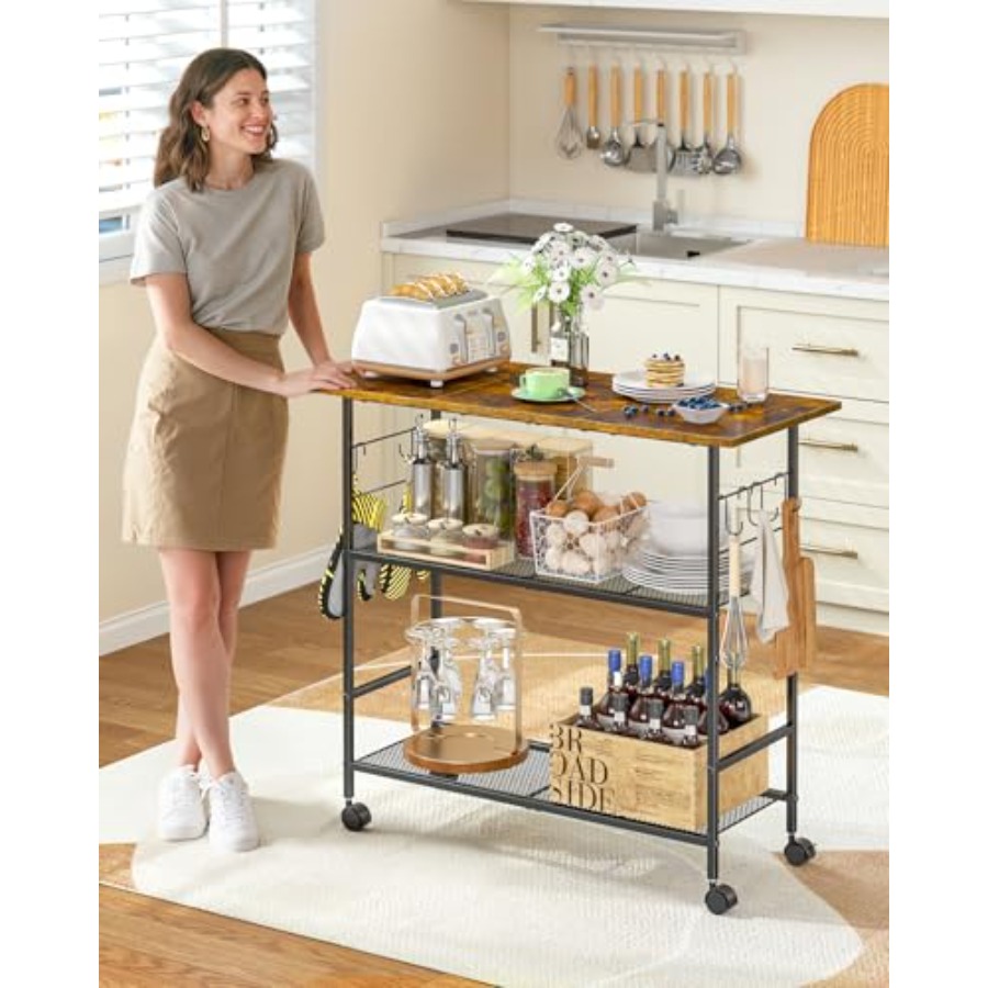 Kitchen Island with 3 Shelves, - Kitchen Baking Island 评论和价格